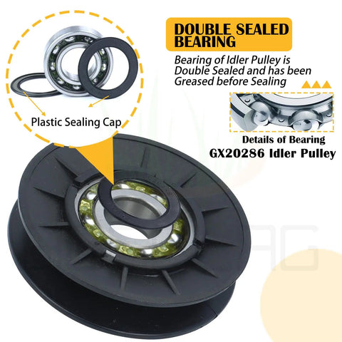 Detail of Heavy Duty Idler Pulley with double sealed bearing for John Deere GX20286 replacement set.