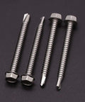Number 10 X Two Point Five Inch Self Piercing Hex Washer Head Screws For Sheet Metal 50 Pack 410 Stainless Steel heavy duty fasteners display.