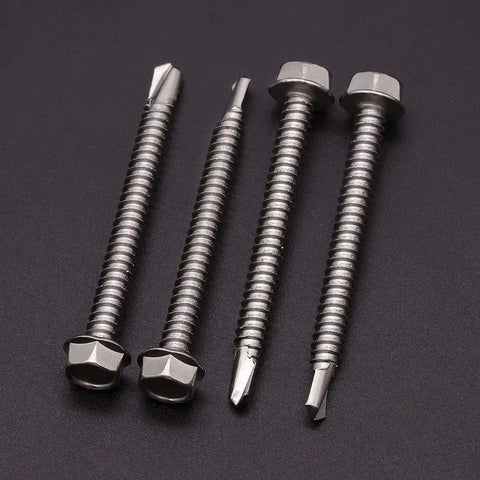 Number 10 X Two Point Five Inch Self Piercing Hex Washer Head Screws For Sheet Metal 50 Pack 410 Stainless Steel heavy duty fasteners display.