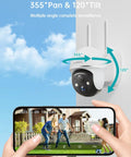 Wireless Outdoor Security Camera With Battery Power showing 355° pan and 120° tilt above a smartphone displaying live video feed.