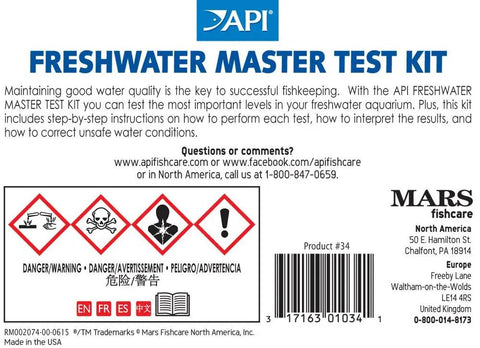 Freshwater Aquarium Test Kit Has 800 Tests For Ph Ammonia Nitrite And Nitrate To Maintain Safe Crystal Clear Water Protecting Fish From Harmful Spikes While Tracking Tank Stats On Point For Your Aquatic Squad Ensuring Legit Results Daily label showing warnings and instructions on maintaining water quality.