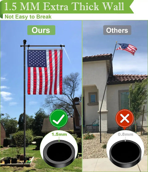 Comparison of 10Ft Garden Flag Pole Stand With 5 Prong Base for 3x5 American Flags, showing thick 1.5mm wall vs thinner pole