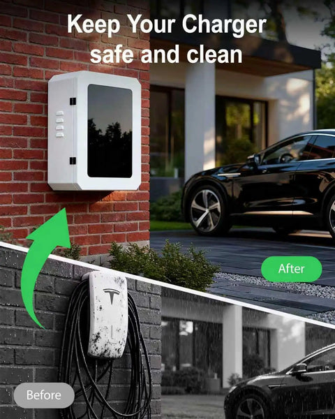 Universal Lockable EV Charger Outdoor Enclosure And Heavy Duty Metal Protective Guard For Level 2 Charging Stations mounted on wall.