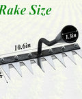 Upgrade Iron Weeding Rake 2.0 With Eight Teeth Manual Weeder showing dimensions, ergonomic handle, and carbon steel material.