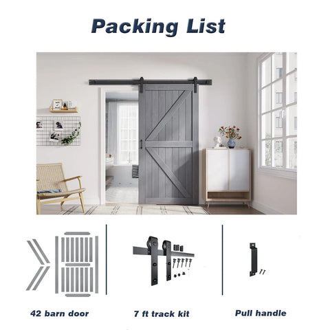 Grey Wood Sliding Barn Door With Rustic Farmhouse Style Premium Spruce Construction For Elegant Home Decor Smooth Gliding Hardware Included Space Saving Design Perfect For Closets And Rooms with packing list details.