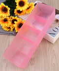 Solid Plastic Underwear Organizer Box With Five Grid Dividers For Closet Drawer Storage, pink container with five sections.