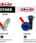 Side-by-side comparison of M8x30mm titanium brake disc bolts with blue anodized finish and standard in-hex bolt. Features Torx drive.