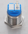 Stainless Steel Emergency Stop Push Button Panel Mount Switch Built Like A Tank For Heavy Duty Industrial Machine Control With Instant Safe Shutdown No Nonsense Workhorse Gear close-up showing blue connector and threaded stainless steel body.