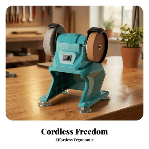 21V Cordless Bench Honing Tool Features a Wicked Stable Mini Grinding Station with Suction Feet for Rock Solid Performance Keep Your Knives and Tools Razor Sharp During Project Work at Home or in the Shop with Red Finish, viewed from the front.