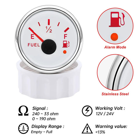 Heavy-Duty Stainless Steel Fuel Sending Unit and White Gauge Kit 240-33Ohm 5 Inch with white analog dial and alarm light.