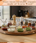 Rock Solid 20 Inch Wood Lazy Susan For Kitchen Counter Slick Acacia Turntable Serving Tray With Non Slip Base For spices and condiments arranged.