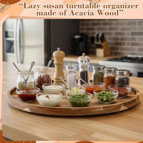 Rock Solid 20 Inch Wood Lazy Susan For Kitchen Counter Slick Acacia Turntable Serving Tray With Non Slip Base For spices and condiments arranged.