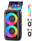 Karaoke Party Bluetooth Speaker With Dual Wireless Microphones Party Ready Floorstanding System With Lights, USB cords visible