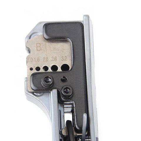 Detail of Heavy Duty Wire Crimper And Stripper Plier for Slick Multistrand Cable Cutting with tension dial and gauge markings.