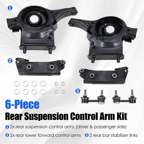 Complete 6-Piece Heavy Duty Rear Suspension Control Arm Kit With Lower Forward Arms and Stabilizer Links for 2013-2018 Nissan Altima showing components.