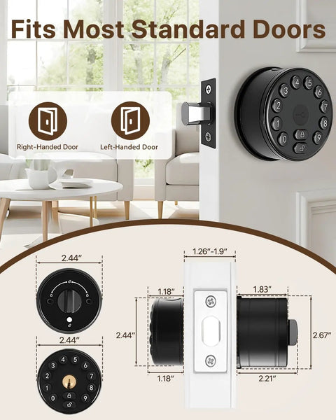 Legit Smart Fingerprint Door Lock With Keypad And Wireless App Control For Next Level Home Safety shows dimensions and fit for standard doors.
