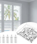 Heavy Duty Spring Loaded Plantation Shutter Pin Repair Kit 50 Pack displayed beside window with plantation shutters.