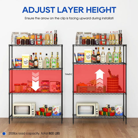 Built Like A Tank 4 Tier Wire Shelving Rack Crushing Clutter With Adjustable Spacing Storage Organizer For Garage And Kitchen Pantry 800 Lb Capacity 35 By 13 By 53 Inches Black Metal Shelf showcasing adjustable height settings.