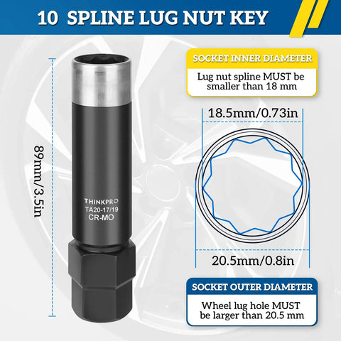 Heavy Duty 10 Spline Lug Nut Socket Replacement For Ta20 Rugged Seventeen Millimeter And Nineteen Millimeter Auto Wheel Removal Wrench Set showing dimensions and design.