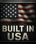 Built in USA sign with American flag background and metallic lettering for patriotic display.