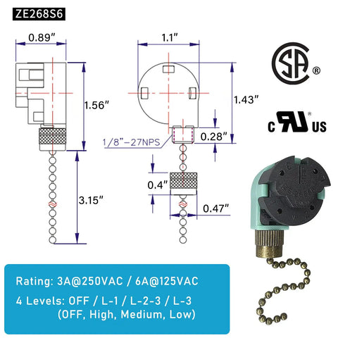 Ceiling Fan Pull Chain Switch Kit With 3 Speed 4 Wire Control Includes CBB61 Capacitor Pack technical diagram and image.