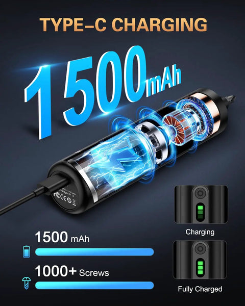 Top Rated 2 In 1 Cordless Electric Screwdriver With Rechargeable Battery And Manual Twist Option For Home Diy Fixes Picture Hanging And Multi Tasking Projects 300Rpm Workhorse showing 1500mAh battery and charging indicators.