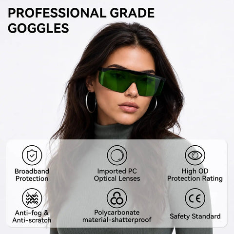 Heavy Duty Blue Laser Safety Glasses With OD4 Plus Lens Block 400nm To 500nm Wavelengths For Engraving Workbenches And DIY Crews In Matte Black Frames Deliver Badass Eye Coverage And Hella Solid Protection, displayed on a model with green lenses.