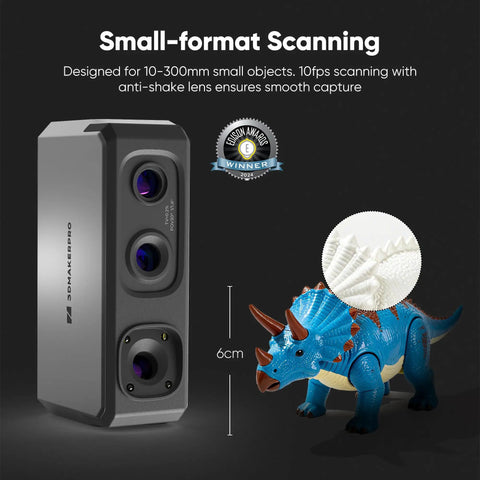 Compact Portable 3D Scanner With Blue LED And Dead Accurate 0.02mm Precision For Flawless Model Reconstruction And No Sweat High Speed 3D Printing Solutions Premium Grade next to a Toy Dinosaur for scale.