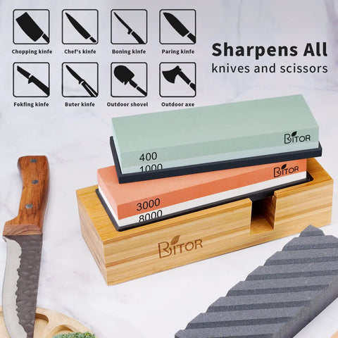 Pro Knife Sharpening Stone Kit With Dual-Sided Whetstones 400/1000 And 3000/8000 on bamboo base with kitchen knife
