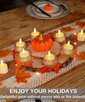Flameless Rechargeable Tea Lights With Remote Timer LED Battery Operated Flickering Candles arranged with pumpkin on table