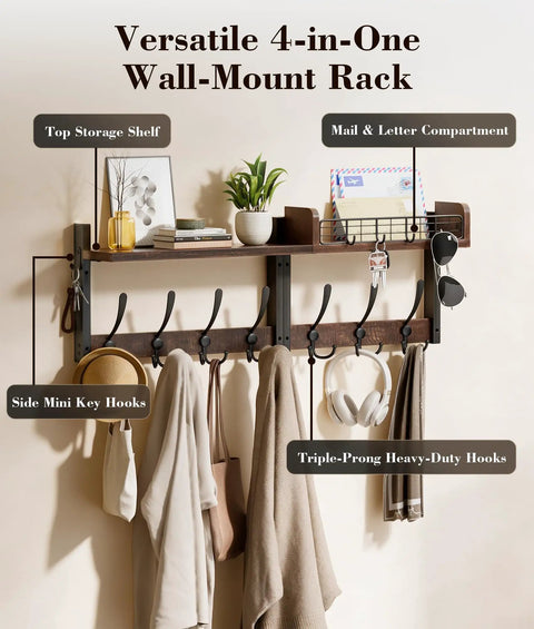 29 Inch Modular Coat Rack Wall Mount With Shelf And Seven Triple Hooks Straight Up Designed To Handle Your Daily Grind Keep Entryway Neat While Grabbing Coats Jackets And Bags On The Fly Brown with top shelf and hooks