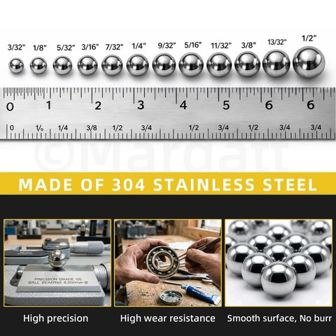 Boss Grade 620 Piece 304 Stainless Steel Ball Assortment Kit Featuring Six Kickass Sizes from Three Thirty Two Inch to One Quarter Inch, displayed with ruler for size comparison.
