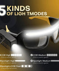 Kickass HandsFree Rechargeable Led Glasses Headlamp Featuring Motion Sensor And Tap Touch Switch Ipx4 Wet Weather Ready, displaying 5 light modes.