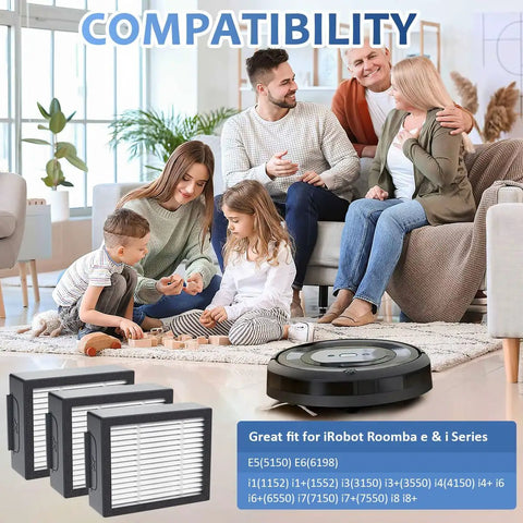 Replacement High Efficiency Filter 4639161 for Roomba E I J Vacuum Cleaners shown with family and vacuum in living room