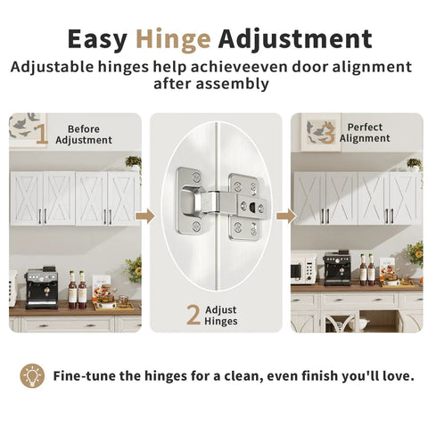 Works Like A Charm Farmhouse Wall Cabinet With Four Soft Close Barn Doors And Three Adjustable Shelves Solid Choice For Laundry Organization Or Bath Storage In Clean White Wood Grain, showcasing adjustable hinges for easy alignment.