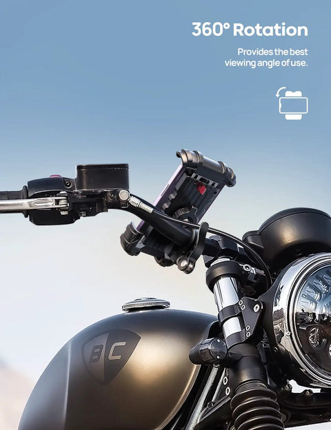 Heavy Duty Motorcycle Mount and Bike Phone Holder with One Hand Lock That Eats up Bumps, showing 360° rotation feature.