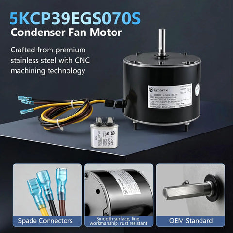 Super Tough One Quarter HP Condenser Fan Motor Replacement For Air Conditioning Units 1100 RPM 208 To 230 VAC with spade connectors.