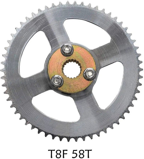 Close-up view of a T8F 58T sprocket with three studs for a Complete 29 Inch Rear Live Axle Kit Beefed Up For Go Karts.