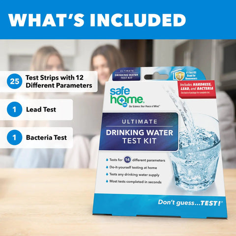Straight Up Pro 14 In 1 Drinking Water Test Kit For Quick Lead And Bacteria Checks In City Tap Or Well Water Plus Ph Hardness And Nitrates Testing Kit on a table with test stripes and water glass.