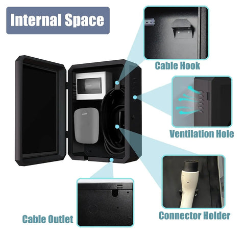 Internal view of Rock Solid EV Charger Protection Enclosure With Lock And Weatherproof Wall Mount Design showing cable hook and ventilation.