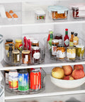 Clear Rectangular Lazy Susan For Refrigerator Smooth As Butter Turntable Organizer Total Breeze For Condiments And Spice Jars Hella Game Changing Pantry Cabinet Rack Fits Snug On Kitchen Countertop Two Piece Set with condiments and jars in fridge.