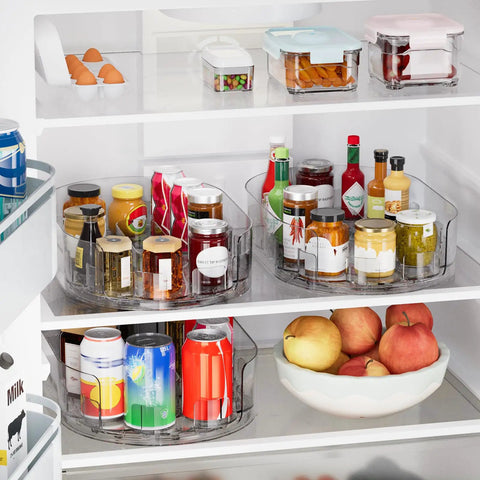 Clear Rectangular Lazy Susan For Refrigerator Smooth As Butter Turntable Organizer Total Breeze For Condiments And Spice Jars Hella Game Changing Pantry Cabinet Rack Fits Snug On Kitchen Countertop Two Piece Set with condiments and jars in fridge.