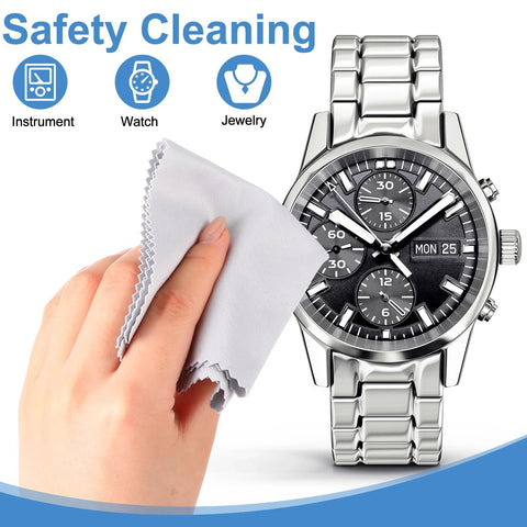 Microfiber cleaning cloth, 6x7 in, light gray, used to wipe a stainless steel watch