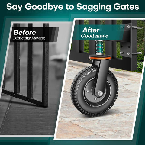 Eight Inch Heavy Duty Gate Rollers Two Pack, Tough As Nails Seven Five Zero Pound Swivel Casters For Wood Or Pipe Fences in use before and after.