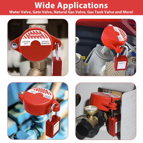 2 Pack Gate Valve Lockout For 1 To 2.5 Inch Handles Outdoor Faucet Lock Hose Bib Lock For Water Spigot Prevent Accidental Turn On During Maintenance Fits Propane Natural Gas Petroleum And Chemical Industry Red installed on various valves.