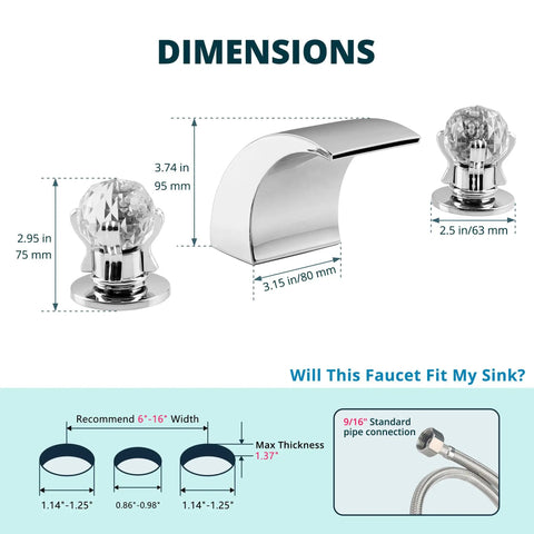 Dimensions of LED Waterfall Bathroom Faucet With Temperature Sensitive Light, 8 Inch Widespread 3 Hole Vanity Tap, Polished Chrome