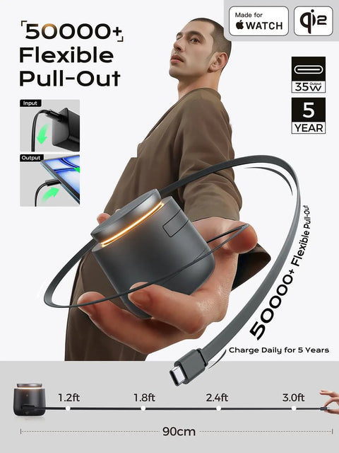 Top Shelf Qi2 Magnetic Wireless Charging Hub featuring a flexible pull-out design for iPhone and Apple Watch with 35W output.