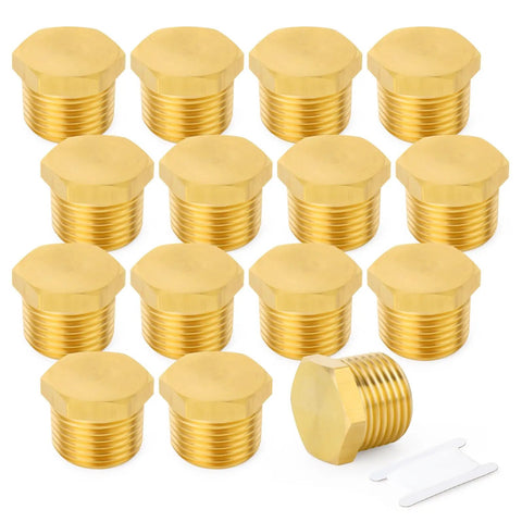 Fifteen-piece Brass Outer Hex Thread Socket Pipe Plug Fittings Set, 1/4 inch NPT male, heavy duty, rust proof for industrial plumbing