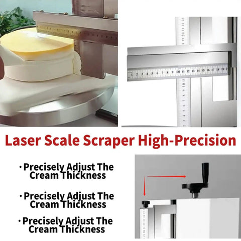 Electric Cake Frosting Machine 200W with adjustable scraper measuring cream thickness on cake turntable in kitchen setting.