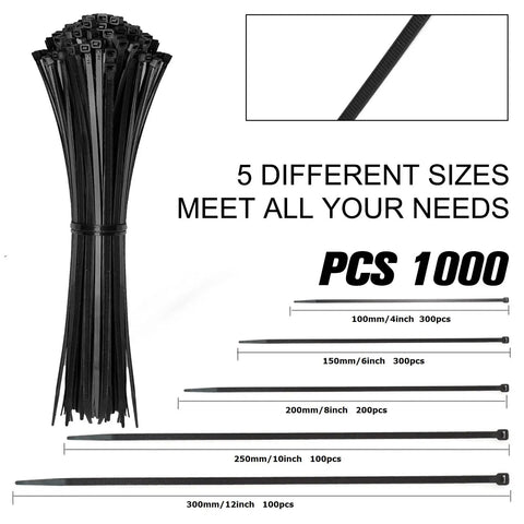 Self Locking Nylon Cable Ties 1000 Pack With Assorted 4 Inch 6 Inch 8 Inch 10 Inch 12 Inch Sizes For Multi Purpose Wire Management